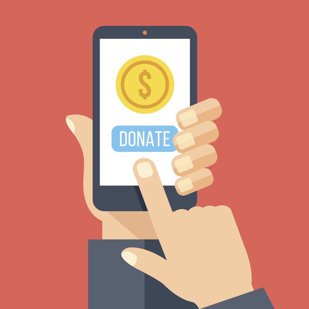 Gold coin, donate button on smartphone screen. Flat vector illustration