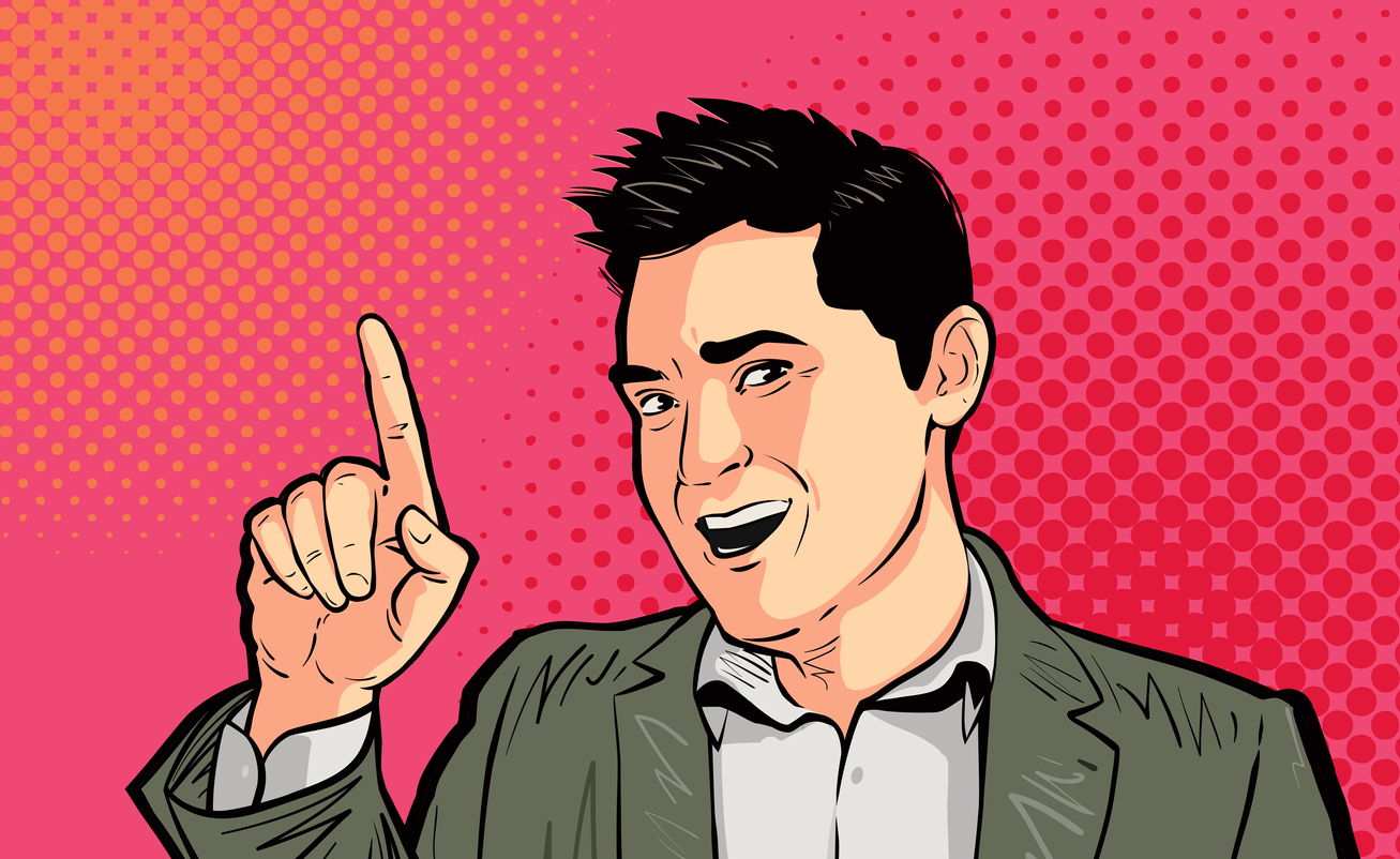 Businessman or funny guy pointing finger pop art retro. Cartoon vector illustration